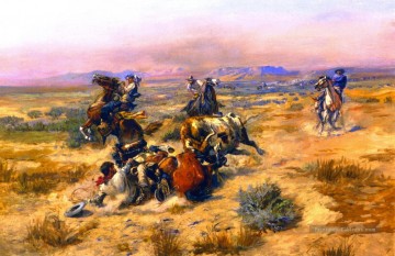 Indiens et cowboys œuvres - une vie ardue 1901 cowboy de Charles Marion Russell Indiana